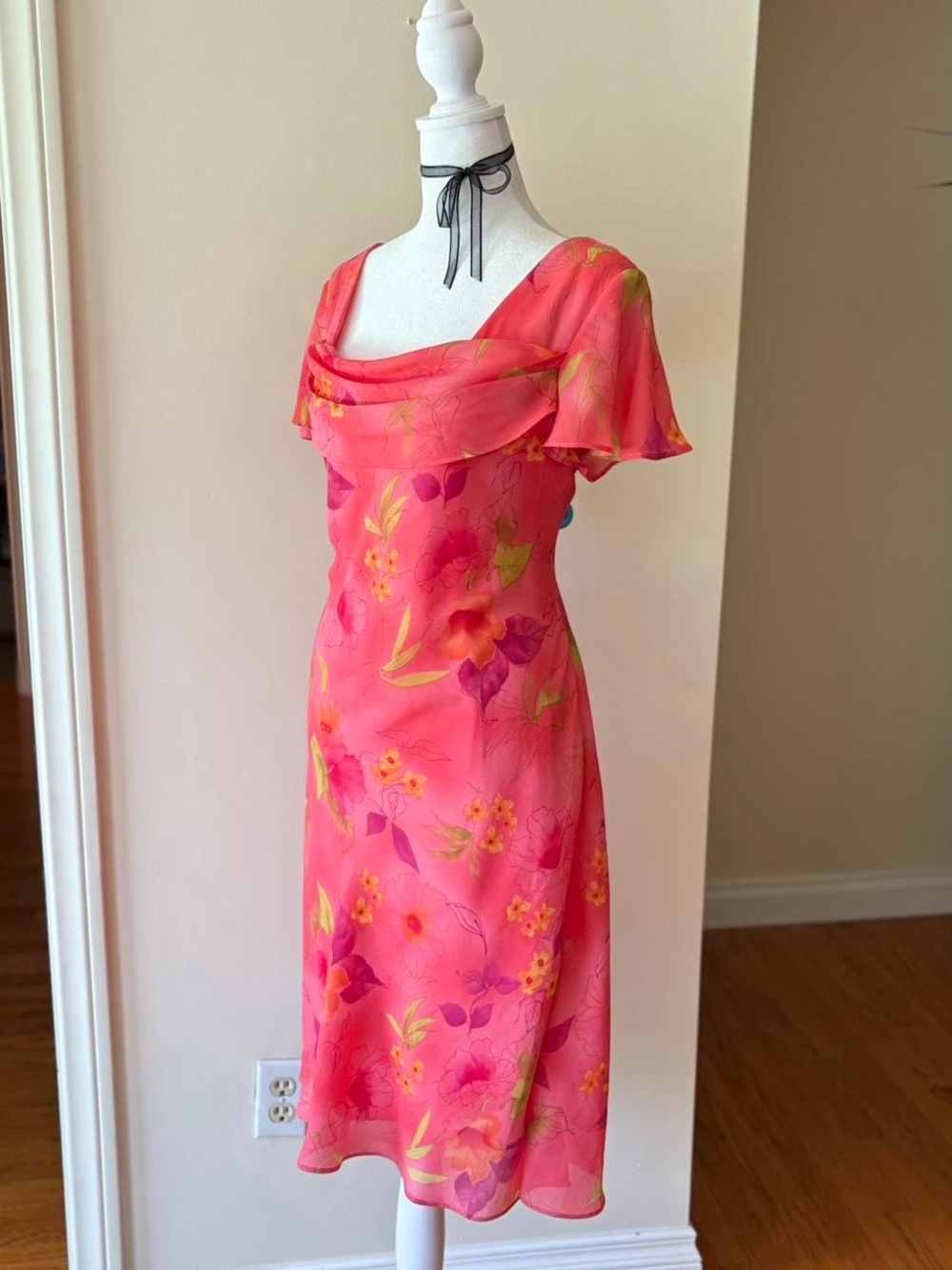 Vintage pink floral midi dress coquette fairy chiffon overlay 90s Y2K summer M - Picture 5 of 11